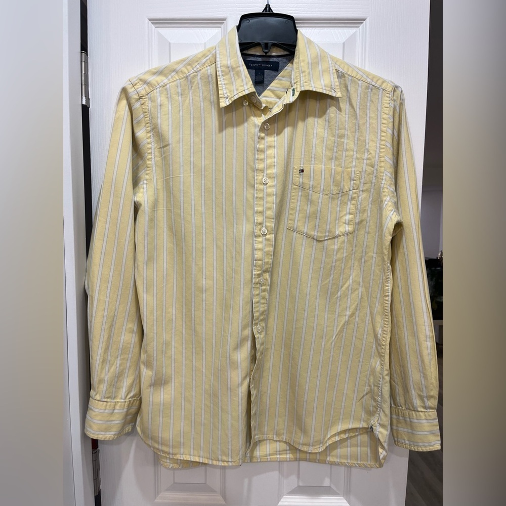 Tommy Hilfiger Mens Yellow White Stripe Button Up Shirt Size M Classic Preppy